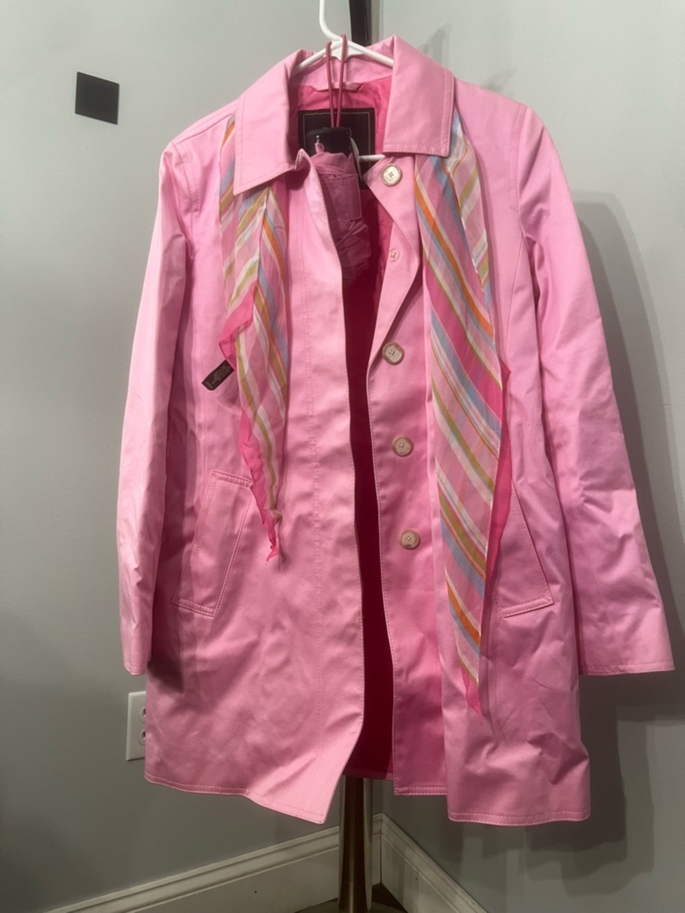 Coach Pink Coat with Striped Scarf and Umbrella